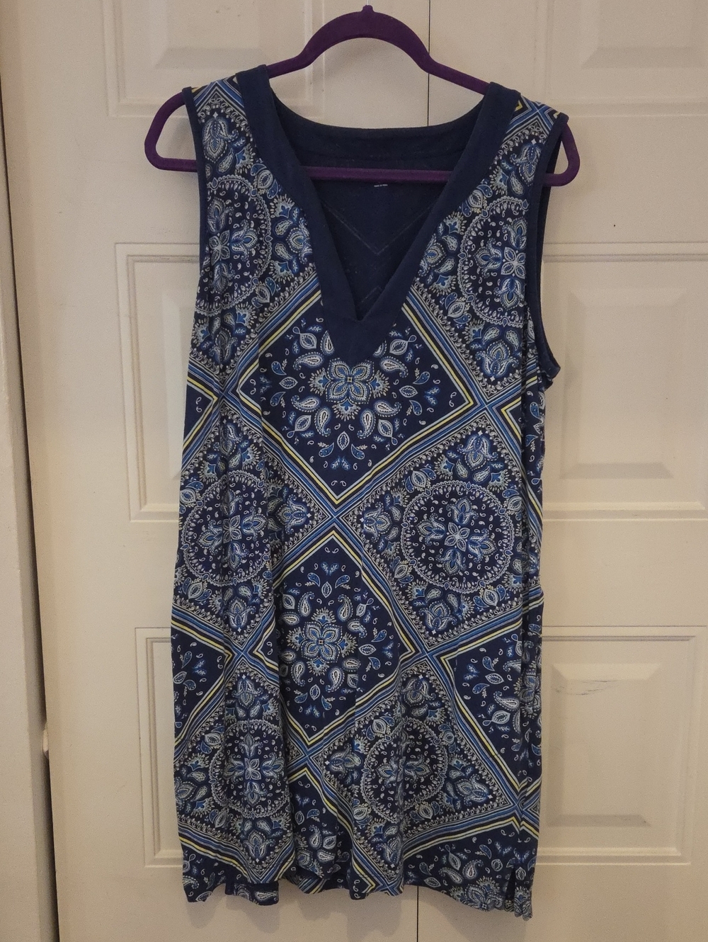 Lands End Navy Blue Paisley V-Neck Sleeveless Dress, Large Petite